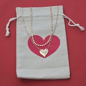 Vday Gift Layered Gold Heart Necklace Set 16” & 18” Chains with Canvas Pouch ❤️